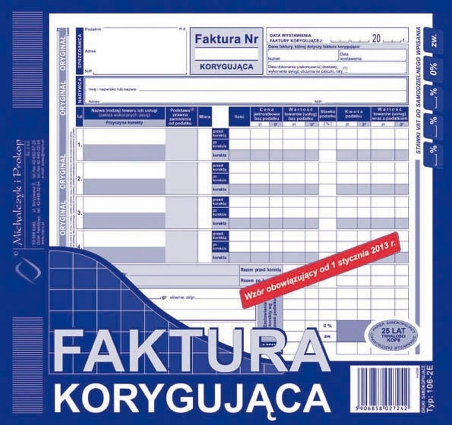 Druk Faktura Vat Korygująca 23 A4 106 2e