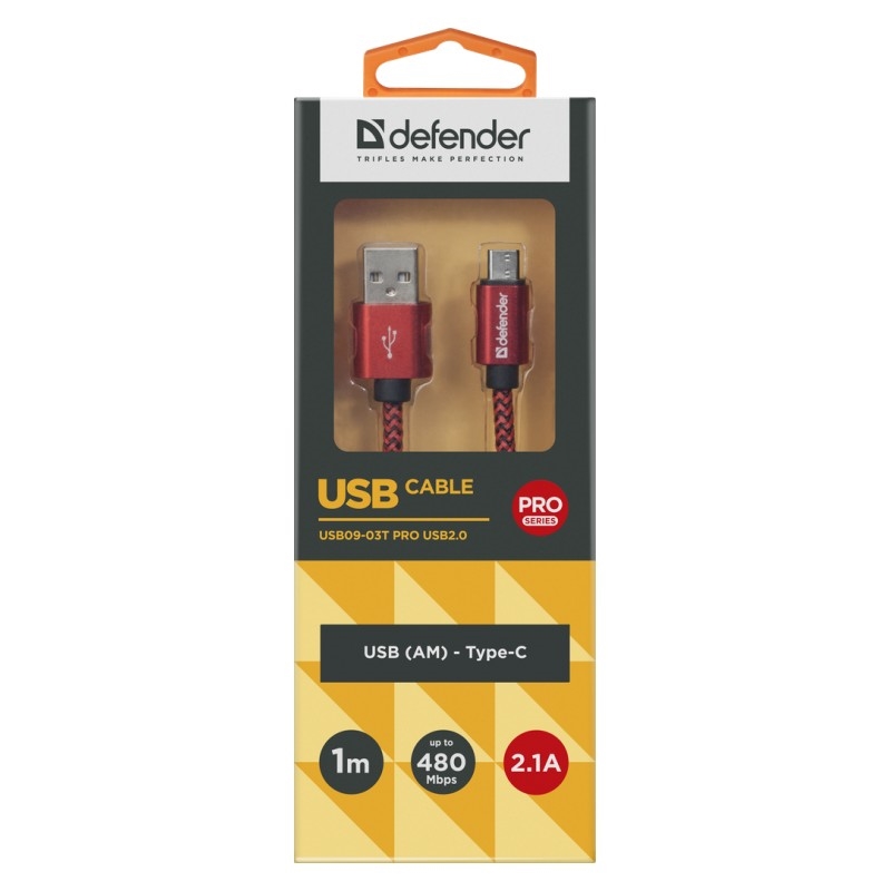 Kabel USB - USB C 1,0m Defender Pro 2,1A Czerwony w oplocie