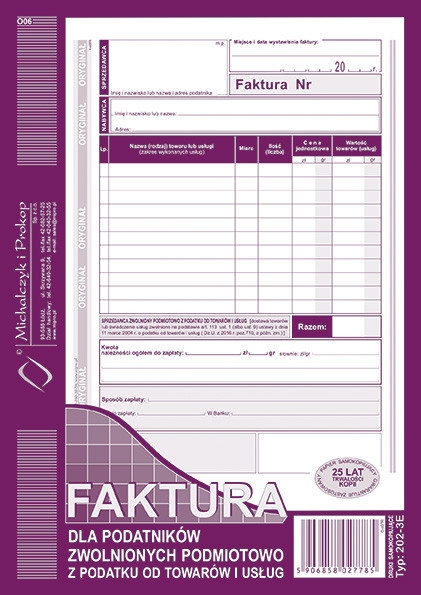 DRUK FAKTURA DLA ZWOLNIONYCH Z VAT A5ORYG+1K PION (202-3E)